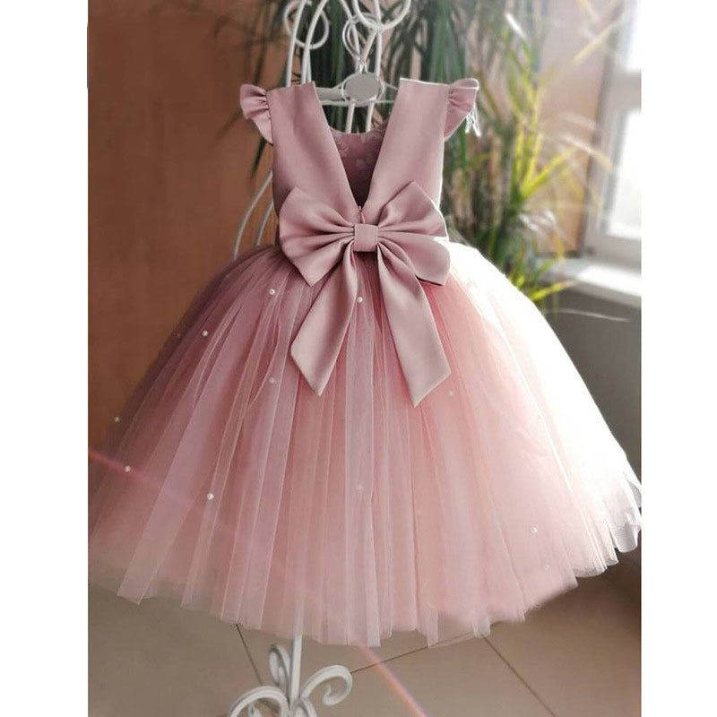 Pink Puffy Princess Dress for Girls with Bow – Baby & Kids Birthday Party Outfit