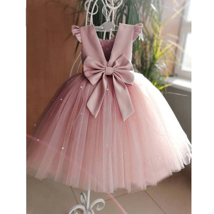 Pink Puffy Princess Dress for Girls with Bow – Baby & Kids Birthday Party Outfit
