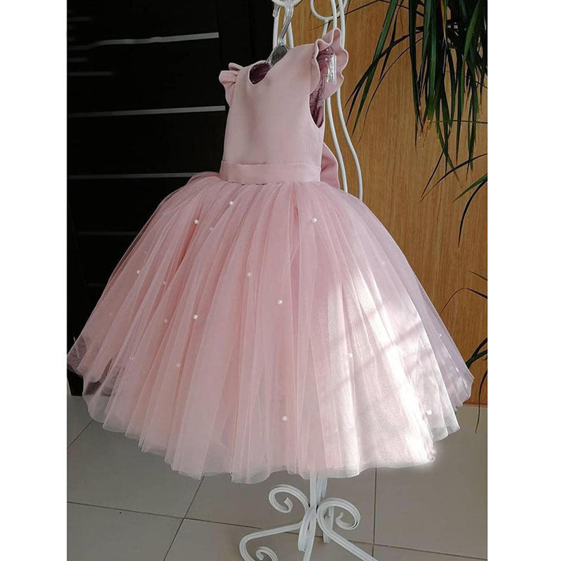 Pink Puffy Princess Dress for Girls with Bow – Baby & Kids Birthday Party Outfit