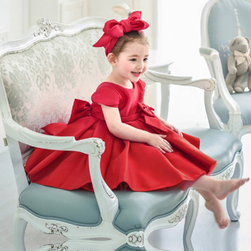 Red Bow A-line Princess Party Dress for Baby Girls | Cute & Playful Kids Dress