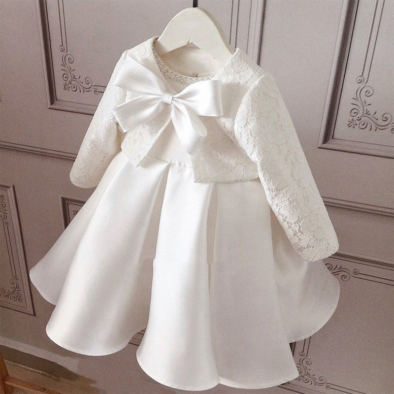 Baby Girl White Lace Party Dress with Bowknot | Cute Tea Length Flower Girl Dress