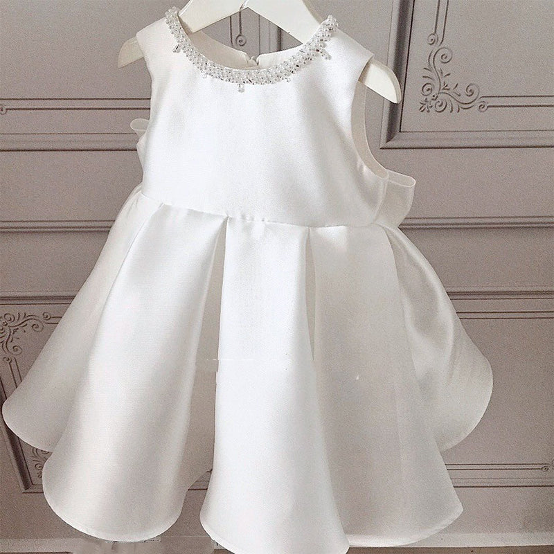 Baby Girl White Lace Party Dress with Bowknot | Cute Tea Length Flower Girl Dress