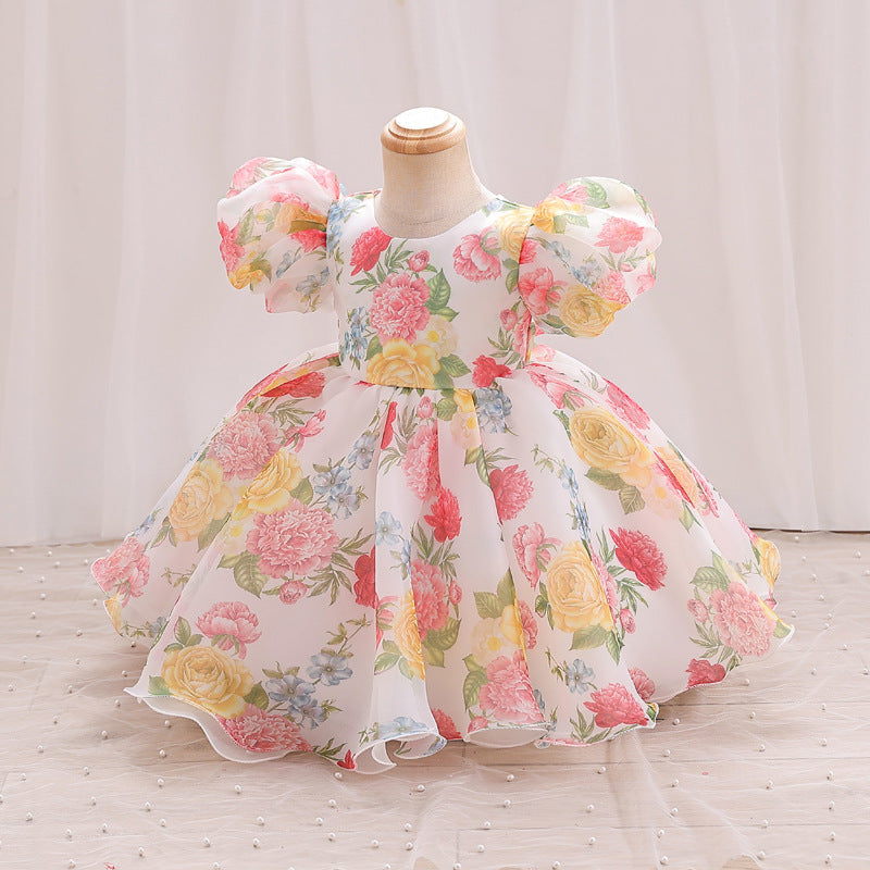 Baby Girls Puff Sleeve Floral Princess Dress | Toddler Formal Tea Length Gown