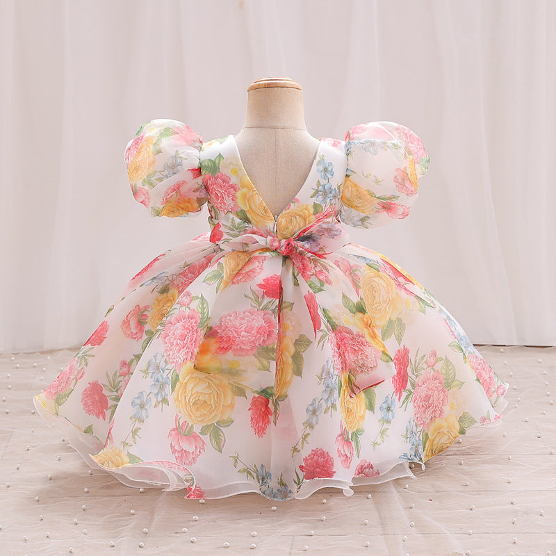 Baby Girls Puff Sleeve Floral Princess Dress | Toddler Formal Tea Length Gown