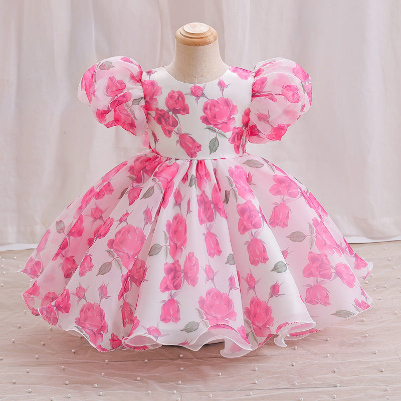 Baby Girls Puff Sleeve Floral Princess Dress | Toddler Formal Tea Length Gown