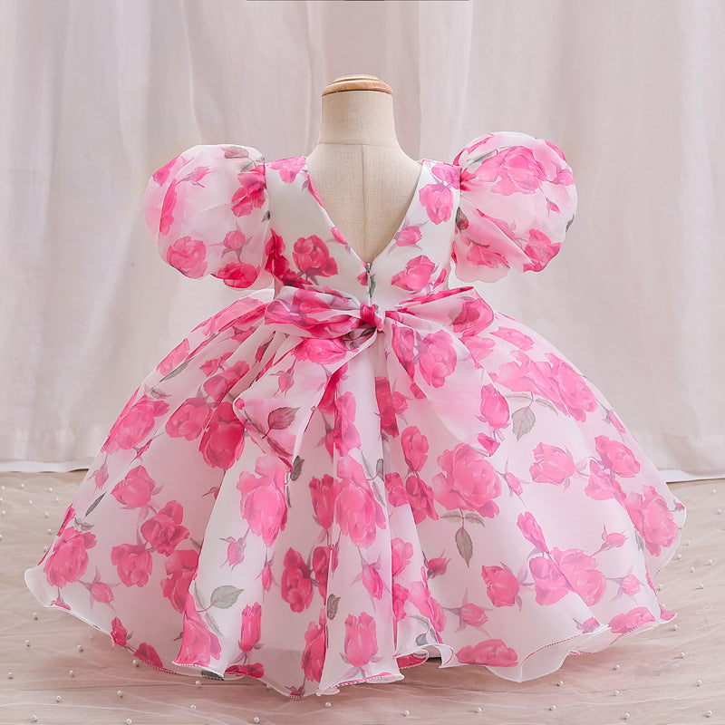 Baby Girls Puff Sleeve Floral Princess Dress | Toddler Formal Tea Length Gown