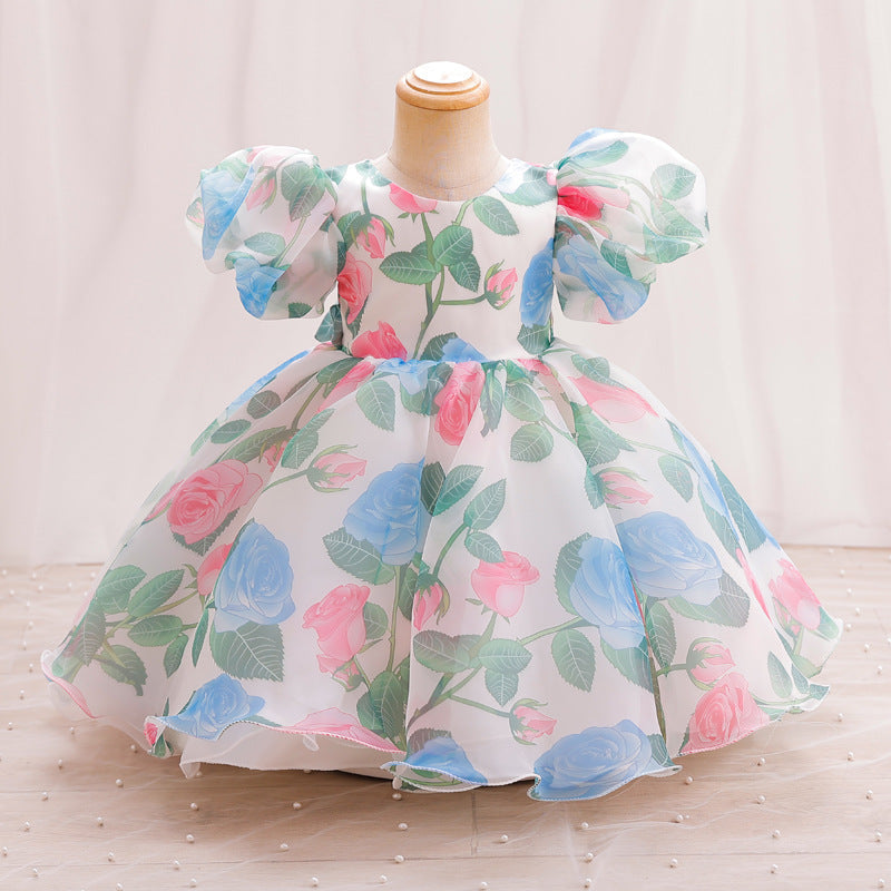 Baby Girls Puff Sleeve Floral Princess Dress | Toddler Formal Tea Length Gown