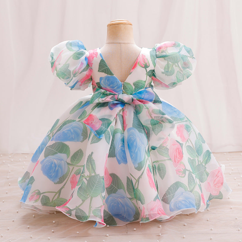 Baby Girls Puff Sleeve Floral Princess Dress | Toddler Formal Tea Length Gown