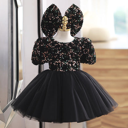 Black Puffy Sequin Princess Dress for Girls – Ball Gown Tulle Party Dress