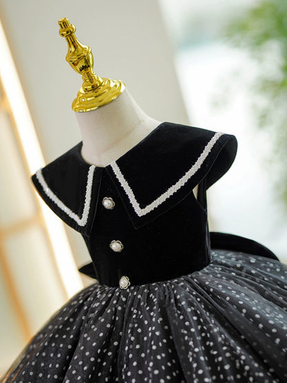 Cute Black Velvet Bow Ball Gown Dress for Girls - Party & Performance Outfit