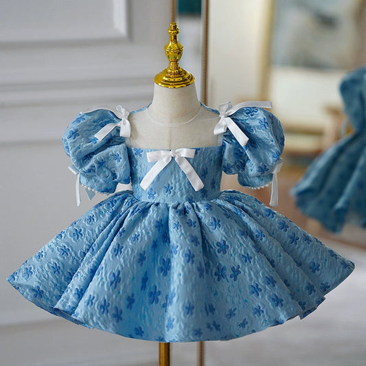 Blue Puffy Princess Ball Gown Dress for Girls with Illusion Neckline