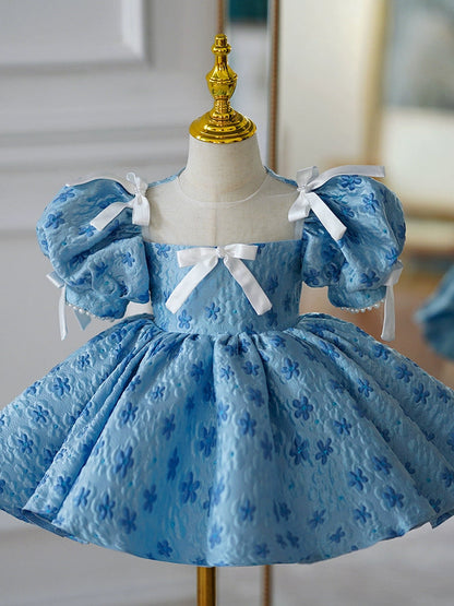 Blue Puffy Princess Ball Gown Dress for Girls with Illusion Neckline