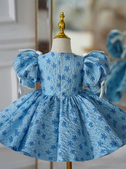 Blue Puffy Princess Ball Gown Dress for Girls with Illusion Neckline