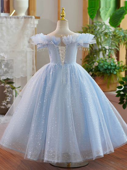 Blue Puffy Off Shoulder Flower Girl Dress – Ball Gown for Party & Wedding