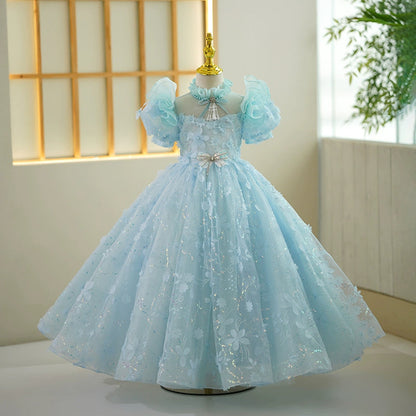 Blue Princess Puffy Maxi Dress for Girls | Flower Girl & Party Gown