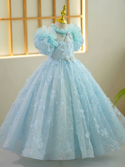 Blue Princess Puffy Maxi Dress for Girls | Flower Girl & Party Gown