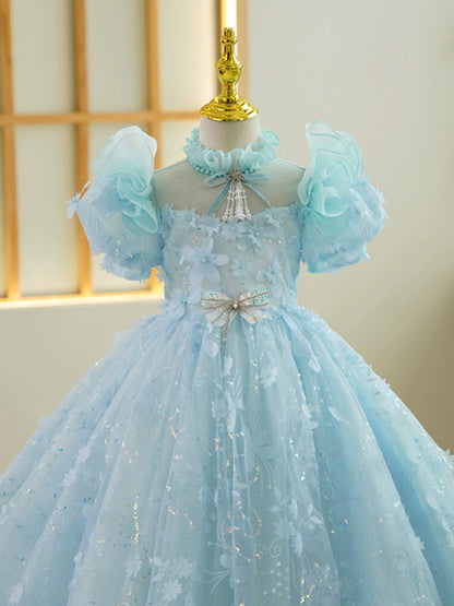 Blue Princess Puffy Maxi Dress for Girls | Flower Girl & Party Gown