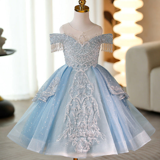 Blue Sequin Puffy Princess Maxi Dress for Girls | Age 3-6 | Party & Wedding Outfit