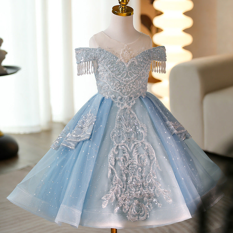 Blue Puff Sequin Princess Dress for Little Girls - Blue / 7-8 Years (140cm) - Fleur Kids Blue Puff Sequin Princess Dress for Little Girls - Blue / 7-8 Years (140cm) - Fleur Kids