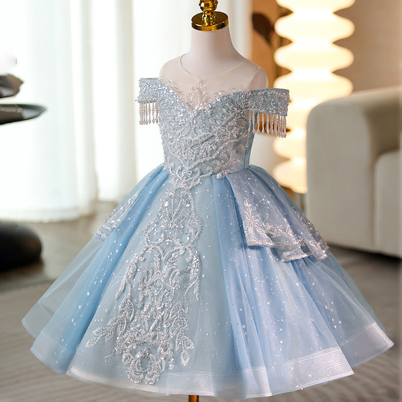Blue Puff Sequin Princess Dress for Little Girls - Blue / 7-8 Years (140cm) - Fleur Kids Blue Puff Sequin Princess Dress for Little Girls - Blue / 7-8 Years (140cm) - Fleur Kids