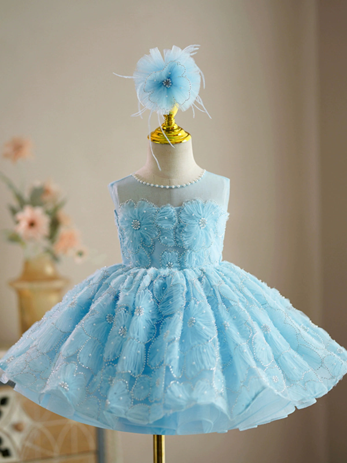 Blue Puffy Tulle Flower Girl Dress – Sequin & Ruffle Kids Party Gown – FleurKids