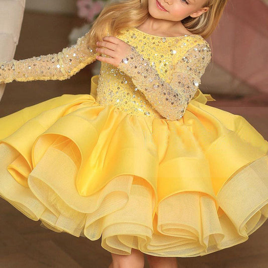 Sequin Bowknot Princess Dress – Long Sleeve Fluffy Birthday & Party Dress for Girls