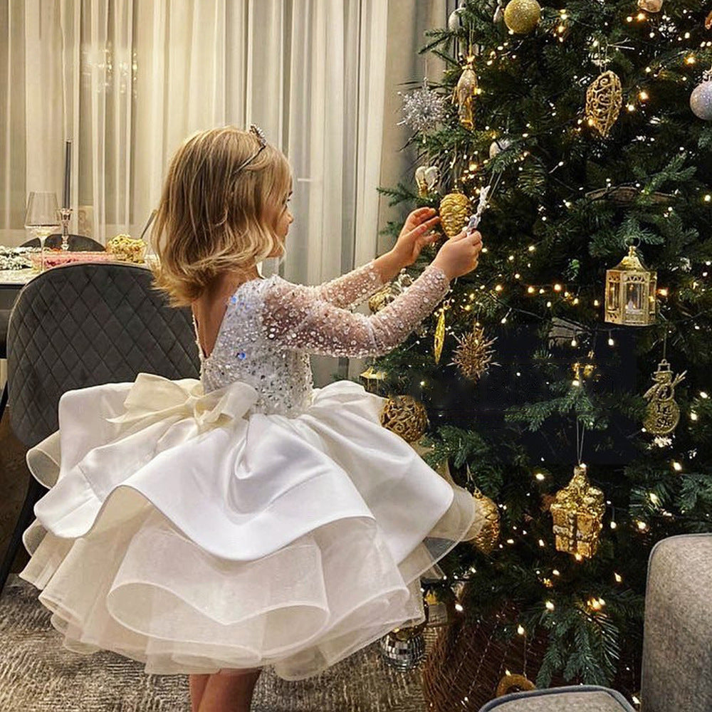 Sequin Bowknot Princess Dress – Long Sleeve Fluffy Birthday & Party Dress for Girls