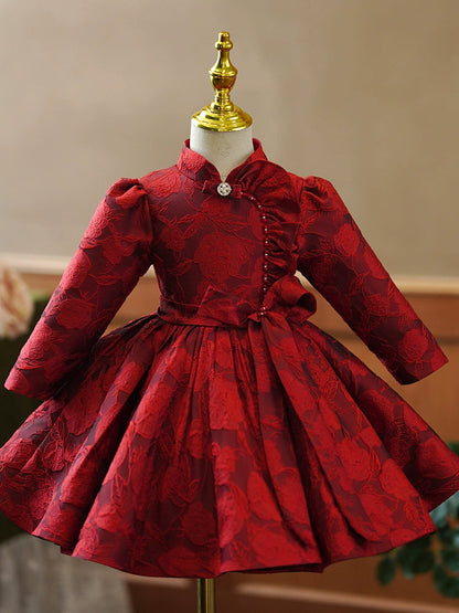 Burgundy Princess Ball Gown – Floral & Sequin Satin Dress for Girls
