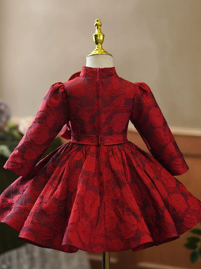 Burgundy Princess Ball Gown – Floral & Sequin Satin Dress for Girls
