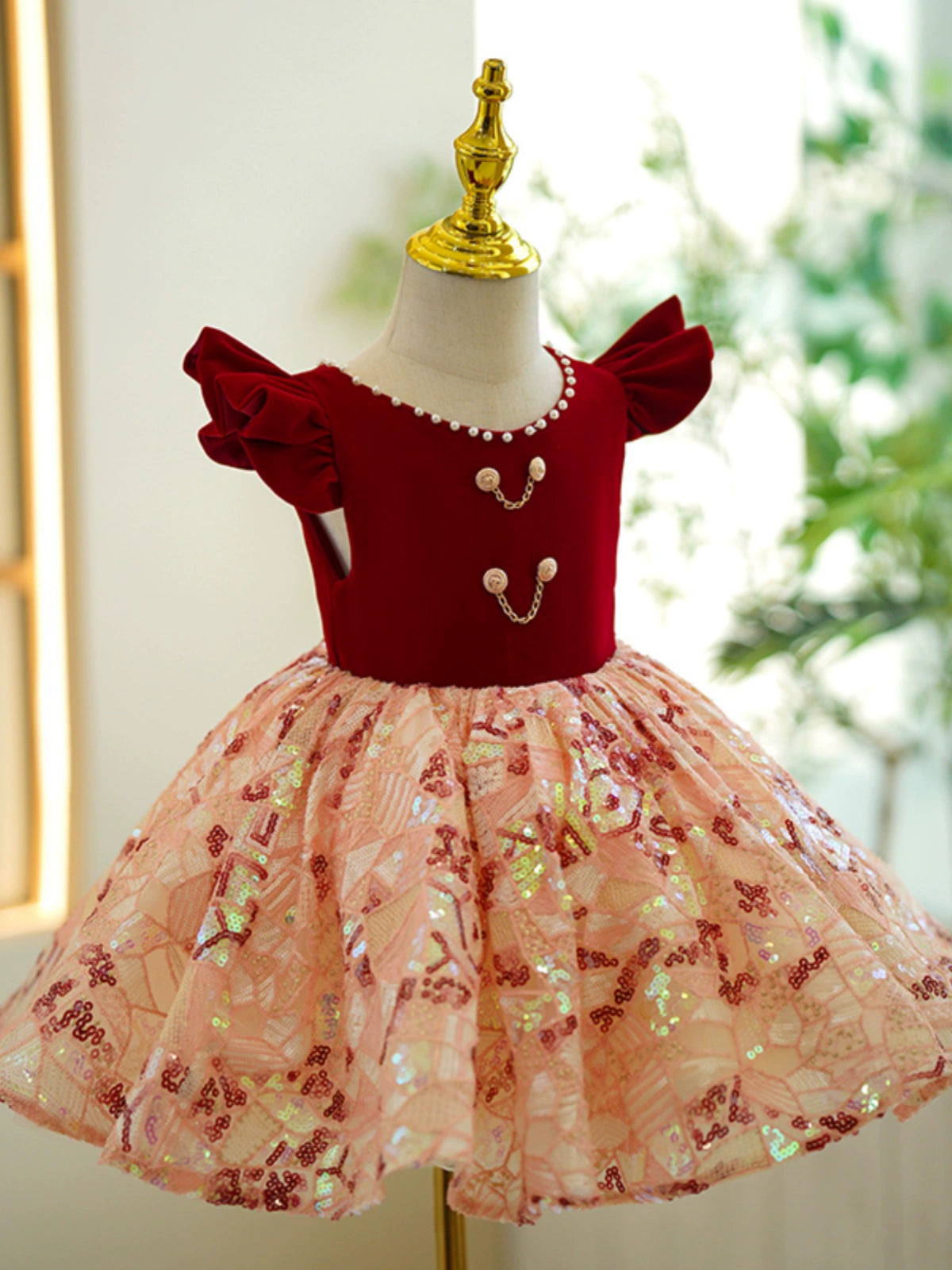 Burgundy Sequin Puffy Flower Girl Dress - Burgundy / 11-12 Years (160cm) - Fleur Kids Burgundy Sequin Puffy Flower Girl Dress - Burgundy / 11-12 Years (160cm) - Fleur Kids