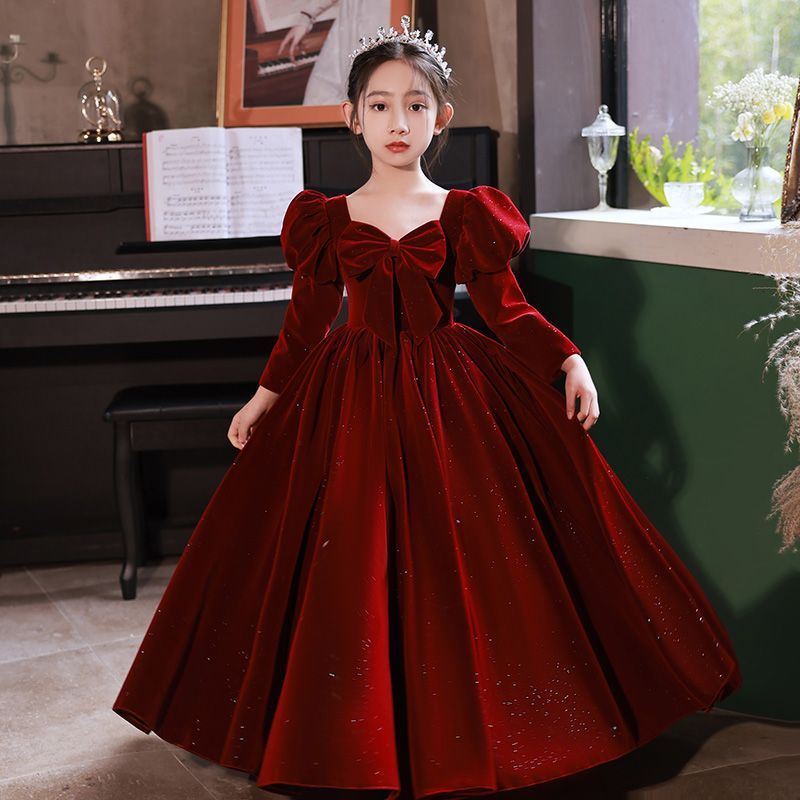 Burgundy Velvet A-Line Maxi Dress with Bowknot for Girls, Formal & Party Wear