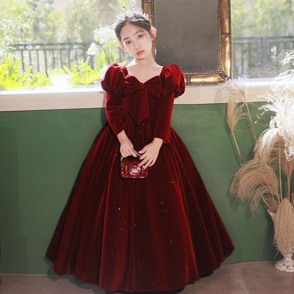 Burgundy Velvet A-Line Maxi Dress with Bowknot for Girls, Formal & Party Wear