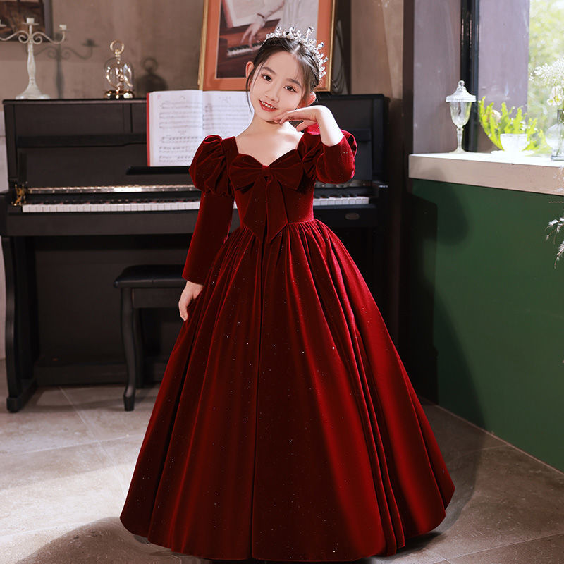 Burgundy Velvet A-Line Maxi Dress with Bowknot for Girls, Formal & Party Wear
