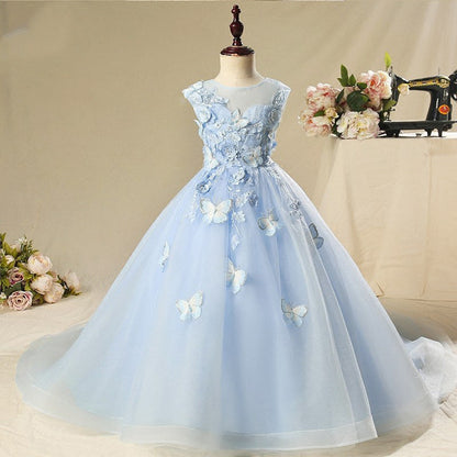 Butterfly Flower Girl Princess Maxi Dress | Blue Tulle Party Gown for Girls 2-12 Years