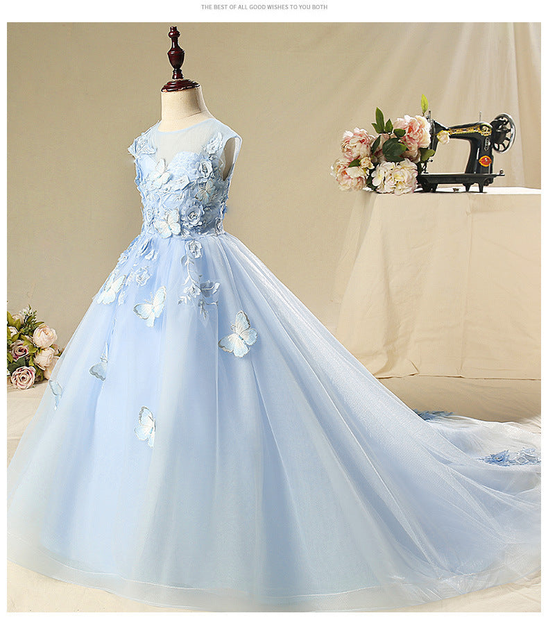 Butterfly Flower Girl Princess Maxi Dress | Blue Tulle Party Gown for Girls 2-12 Years
