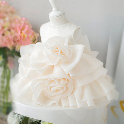 Cute Champagne Flower Girl Dress for Special Occasions | A-Line, Bow & Floral Embellishments