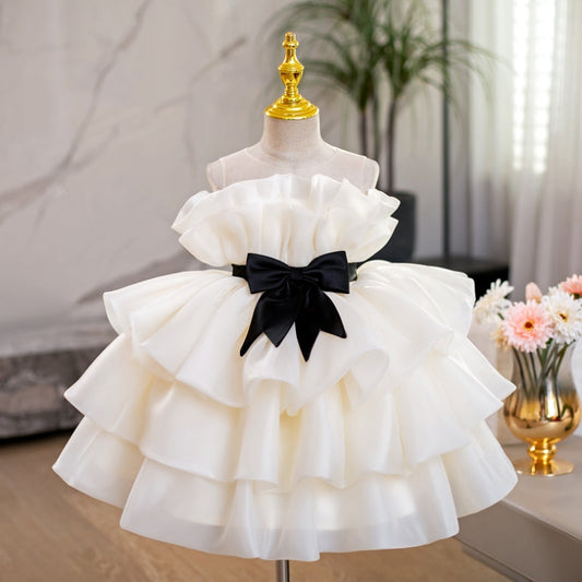 Champagne Mesh A-Line Flower Girl Party Dress with Bow – Kids Formal Wear
