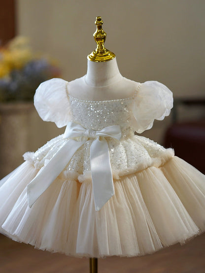 Champagne Illusion Neckline Flower Girl Dress – Sequin & Tulle Princess Party Dress