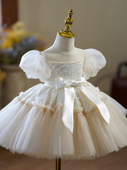 Champagne Illusion Neckline Flower Girl Dress – Sequin & Tulle Princess Party Dress