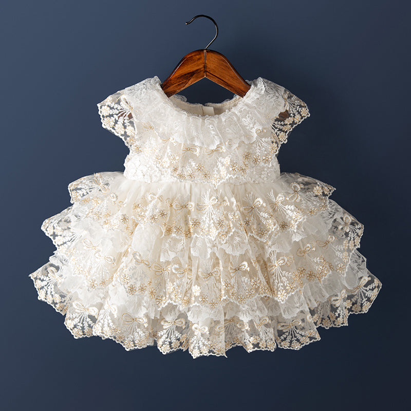 Champagne Lace Flower Girl Dress with Bowknot – Kids' Party & Wedding Gown