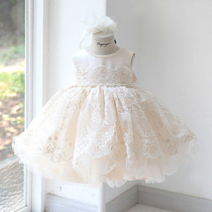 Champagne Lace A-Line Party Dress for Toddler Girls – Princess Flower Girl Dress