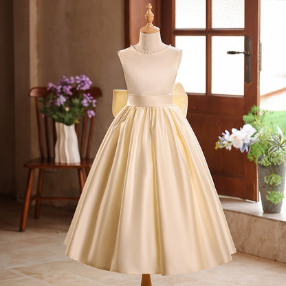 Champagne A-Line Flower Girl Maxi Dress with Bow and Sequins | Girls Formal Princess Gown