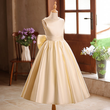 Champagne A-Line Flower Girl Maxi Dress with Bow and Sequins | Girls Formal Princess Gown