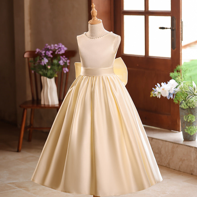 Champagne A-Line Flower Girl Maxi Dress with Bow and Sequins | Girls Formal Princess Gown