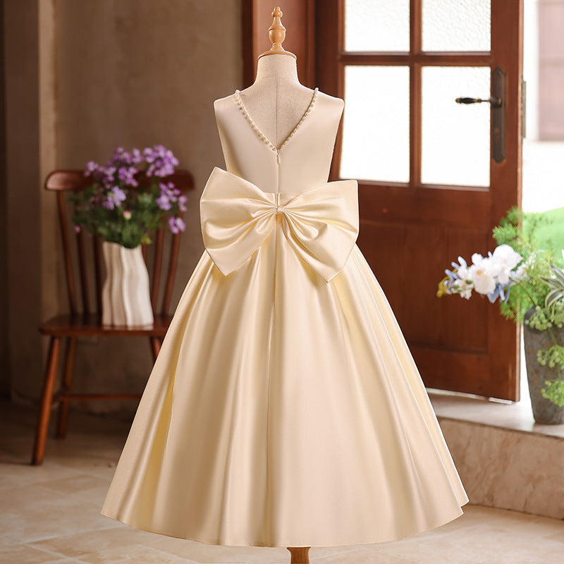 Champagne A-Line Flower Girl Maxi Dress with Bow and Sequins | Girls Formal Princess Gown