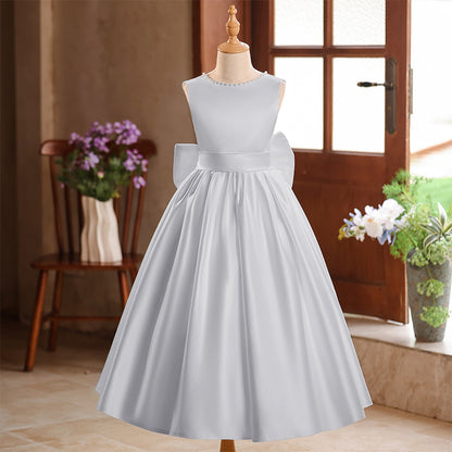 Champagne A-Line Flower Girl Maxi Dress with Bow and Sequins | Girls Formal Princess Gown