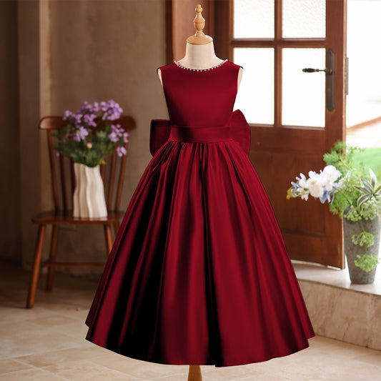 Champagne A-Line Flower Girl Maxi Dress with Bow and Sequins | Girls Formal Princess Gown