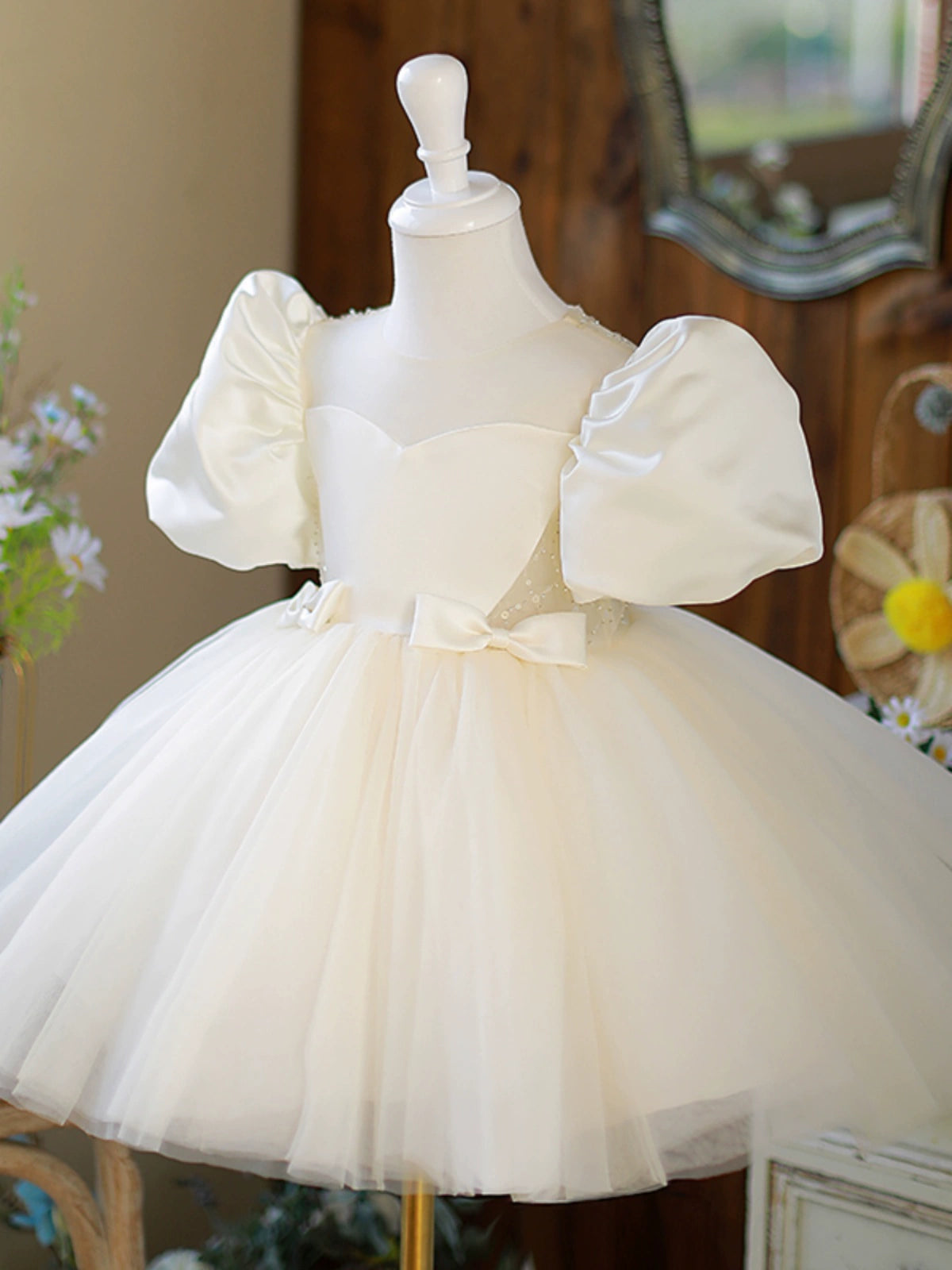 Champagne Princess Puffy Flower Girl Dress – Satin & Tulle Ball Gown for Weddings & Parties – FleurKids