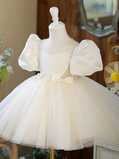Champagne Princess Puffy Flower Girl Dress – Satin & Tulle Ball Gown for Weddings & Parties
