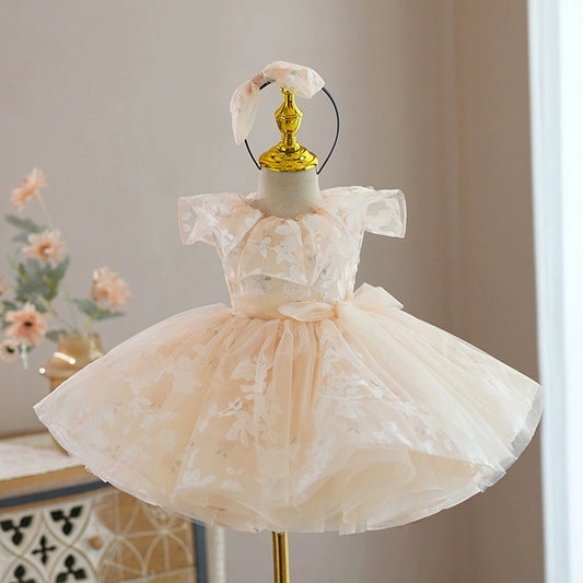 Champagne Puffy Flower Girl Dress – Princess Tulle Ball Gown for Parties & Weddings